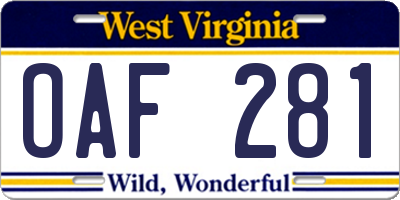 WV license plate OAF281