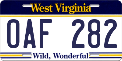WV license plate OAF282