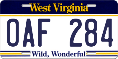 WV license plate OAF284