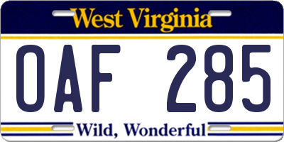 WV license plate OAF285