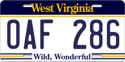 WV license plate OAF286