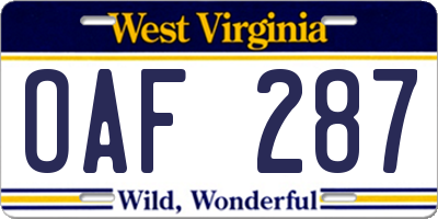 WV license plate OAF287
