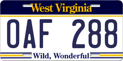 WV license plate OAF288