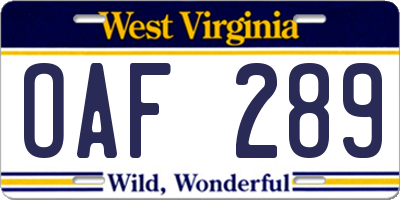 WV license plate OAF289