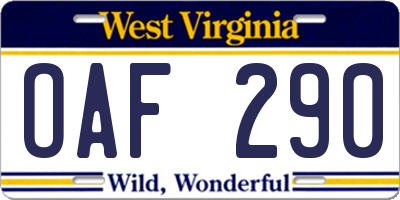 WV license plate OAF290