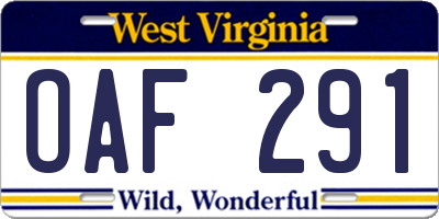 WV license plate OAF291