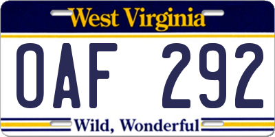 WV license plate OAF292