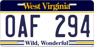 WV license plate OAF294
