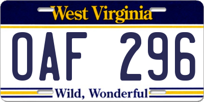WV license plate OAF296