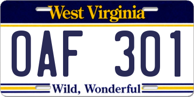 WV license plate OAF301