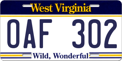 WV license plate OAF302