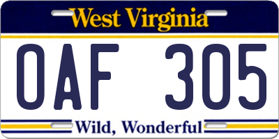 WV license plate OAF305