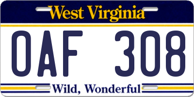 WV license plate OAF308