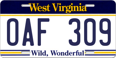 WV license plate OAF309
