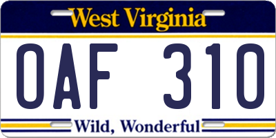 WV license plate OAF310