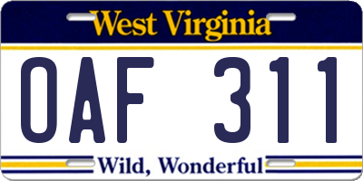 WV license plate OAF311