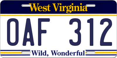 WV license plate OAF312