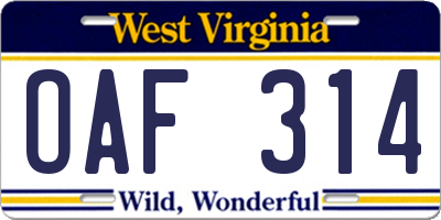 WV license plate OAF314
