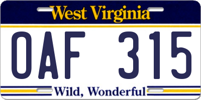 WV license plate OAF315