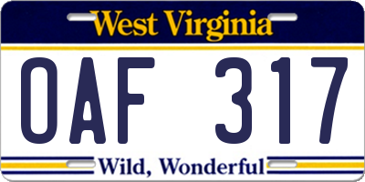 WV license plate OAF317