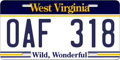 WV license plate OAF318