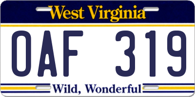 WV license plate OAF319