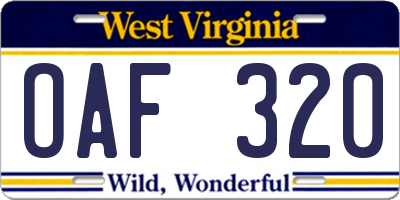 WV license plate OAF320