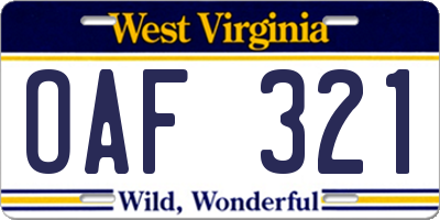WV license plate OAF321