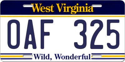 WV license plate OAF325