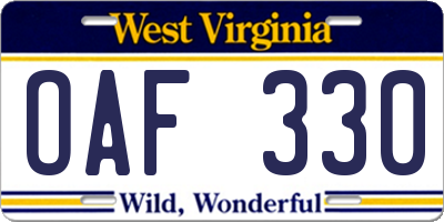 WV license plate OAF330