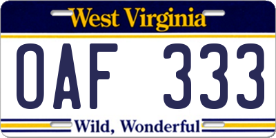 WV license plate OAF333