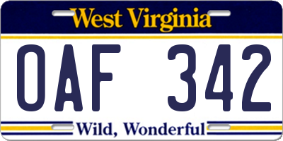 WV license plate OAF342