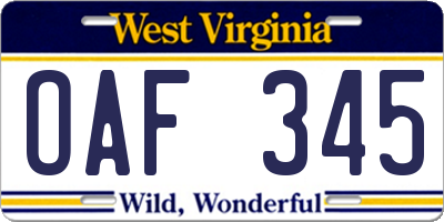 WV license plate OAF345