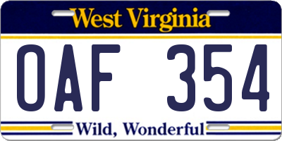 WV license plate OAF354