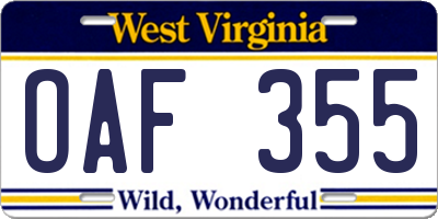 WV license plate OAF355