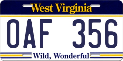 WV license plate OAF356