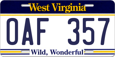 WV license plate OAF357