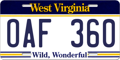 WV license plate OAF360