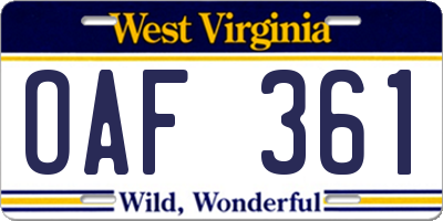WV license plate OAF361