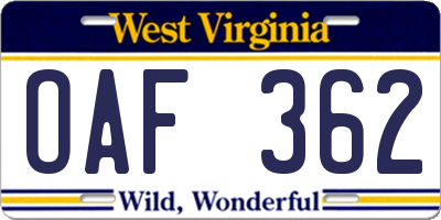 WV license plate OAF362