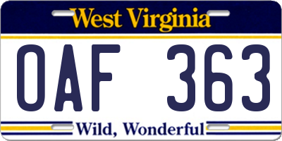WV license plate OAF363