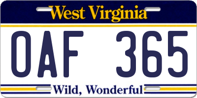 WV license plate OAF365