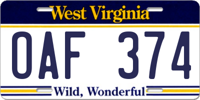 WV license plate OAF374