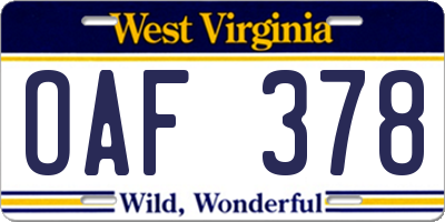 WV license plate OAF378