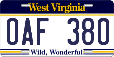 WV license plate OAF380