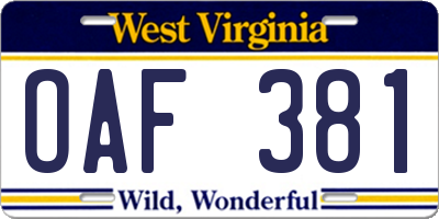 WV license plate OAF381
