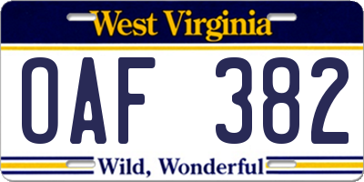 WV license plate OAF382