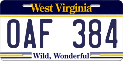 WV license plate OAF384