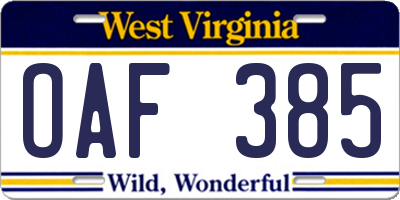 WV license plate OAF385