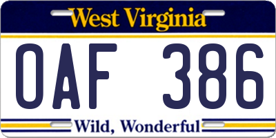 WV license plate OAF386